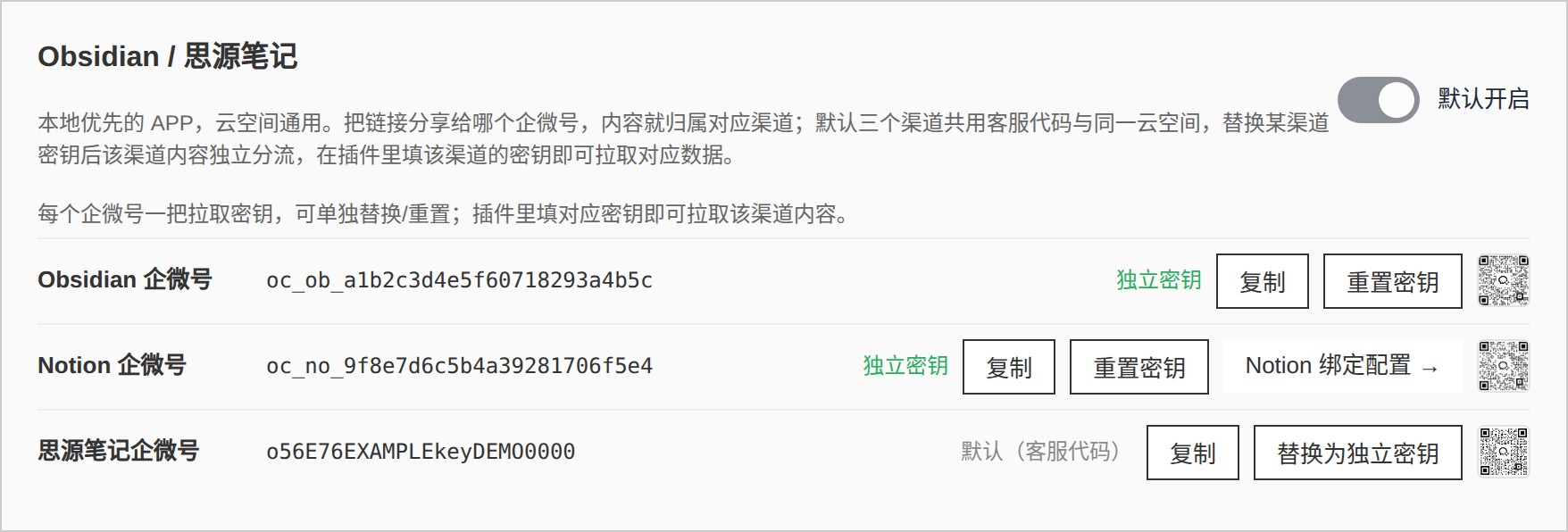 同步目的地里三个企微号的渠道密钥,每个都可单独替换为独立密钥