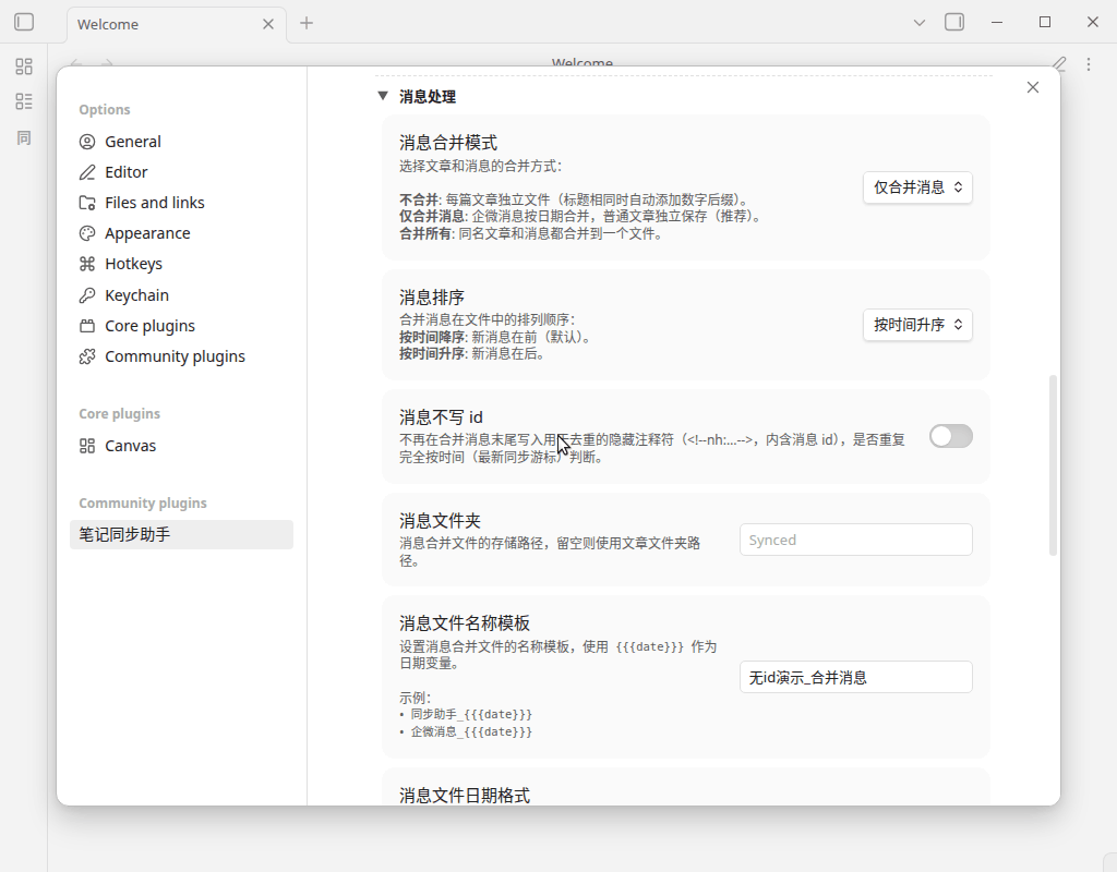 消息处理区的「消息不写 id」开关