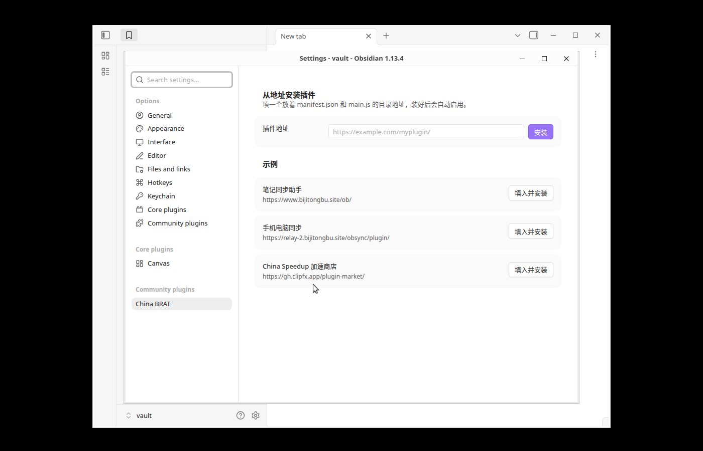 China BRAT 的设置页,上方是插件地址输入框和安装按钮,下方是三个示例地址